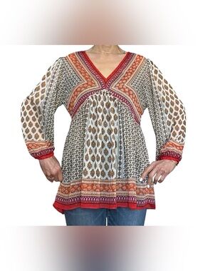 Rose & Olive Red, Orange & Brown Boho V-Neck Tunic
